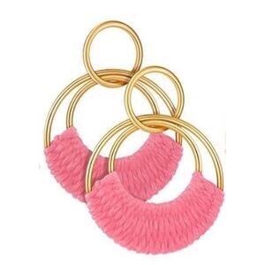 Pink Raffia Wrapped Circle Drop Earrings
